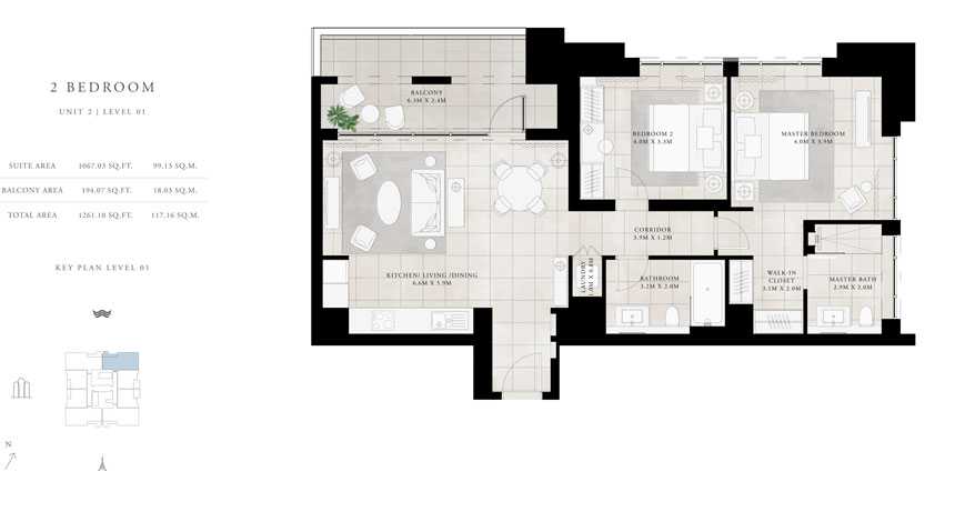 2-Bed, Unit-2,Level-01,Size-1261.10-sq.ft